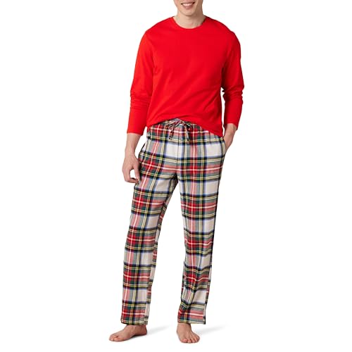 Amazon Essentials Men's Flannel Pant and Long-Sleeve T-Shirt Pajama Set, Red Tartan Plaid, Large
