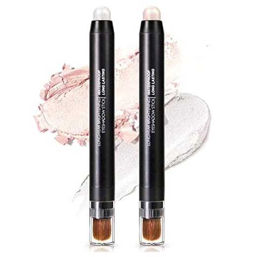 NewBang 2PCS Eyeshadow Stick,Champagne White Shimmer Eye Shadow Pencil Brightener Inner Corner Eye Liner Crayon Highlighter Cream Metallic Waterproof Longlasting Lying Silkworm Makeup with Brush Set