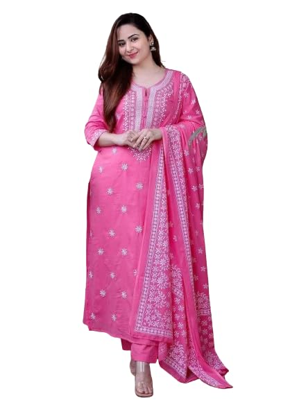 Image of Royal Export Women's Viscose Floral Embroidered Straight Kurta Pant with Dupatta Set | Kurta Sets for Women