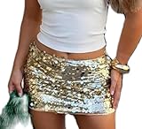 Women Y2k Sequin Mini Skirt Low Rise Mermaid Sparkly Micro Skirts Glitter Sexy Rave Party Skirt Clubwear (Gold, M)