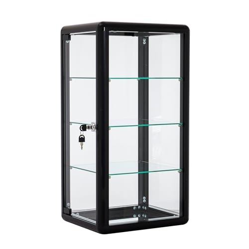 Homtique Display Case, 4 Tier Tempered Glass Counter Top Display Showcase, Black Aluminum Frame Display Cabinet with Sliding Glass Door and Lock, 12\" W x 14\" D x 27\" H