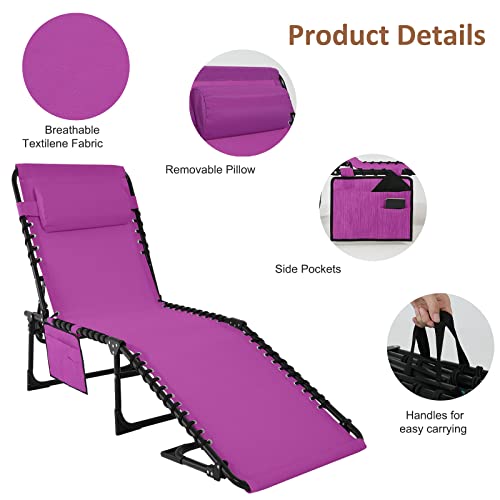 Abccanopy Adjustable Outdoor Folding Chaise Lounge Chair 3 Reclining Positions With Pillow And Pockets For Patio Lawn Beach Pool Sun Sunbathing, Radiant Orchid #TOP3