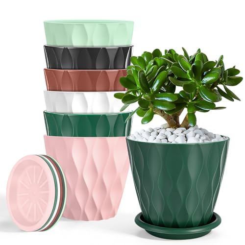 Freyeeti Juego de 6 Macetas con Platillo de Agujeros de Drenaje, Maceteros Decorativos Interior para Balcón Jardín (12cm, Multicolor)