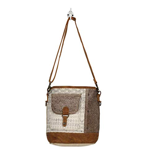 Myra Bag Tribal Stripe Front Pocket Upcycled Canvas & Cowhide Leather Shoulder Bag S-1232, Brown, One Size #TOP3