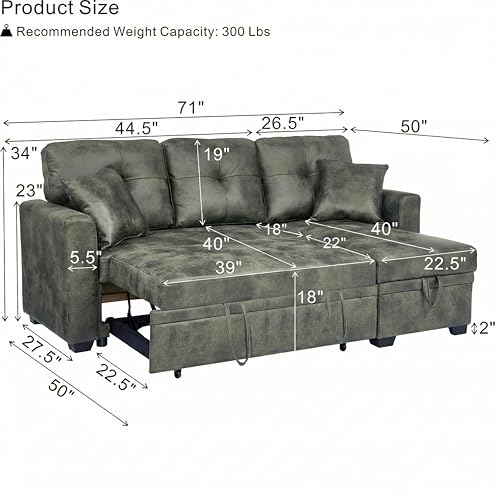 Image of KEIKI 71 inch Sectional Sleeper L Shaped Sofa with Pull Out Bed, Sleeper Sofa with Reversible Chaise, 3 Seater Modular Sectional Sofa with Storage for Living Room, Olive Green