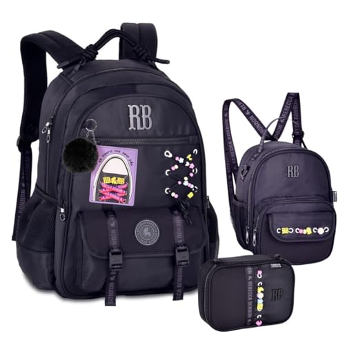 Kit Mochila de Costas Estojo Box e Lancheira 2x1 RB Rebec Bonbon Beaded Fun Escolar Trabalho Faculdade Preto