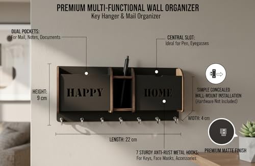 Image of Wall Mount Key Holder & Mail Organizer | Laser-Cut Key Hanger with 7 Metal Hooks, Letter Rack & Pen Stand | Wooden Wall Decor for Entryway, Living Room, Home & Office (Happy Home)