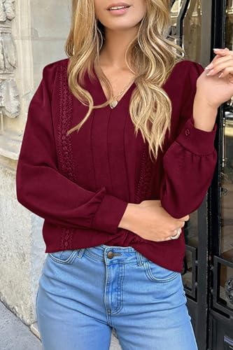 dowerme Womens Tops 2025 Fall V Neck T-Shirts Long Sleeve Shirts Lace Crochet Work Blouses Dressy Casual Loose Tunics4