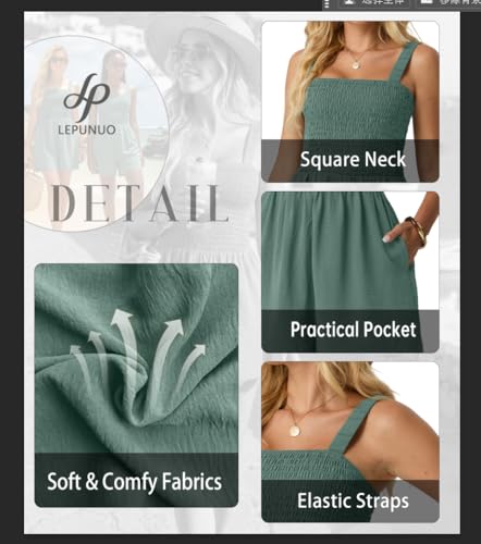Image of Lepunuo Womens Rompers for Summer Casual Smocked Jumpers Overalls Square Neck Jumpsuits with Pockets Beach Vacation