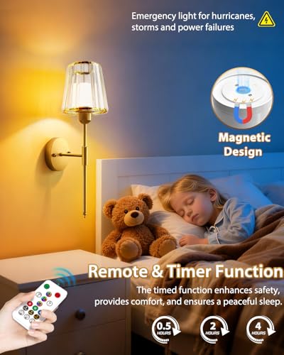 Image of Adetu 19.3 Inch Crystal Battery Operated Wall Sconces Set of 2 | 10000mAh Magnetic Bulbs, 5%-100% Dimmable, RGB Rechargeable Battery Wall Sconce with Remote Control for Bedroom Decor