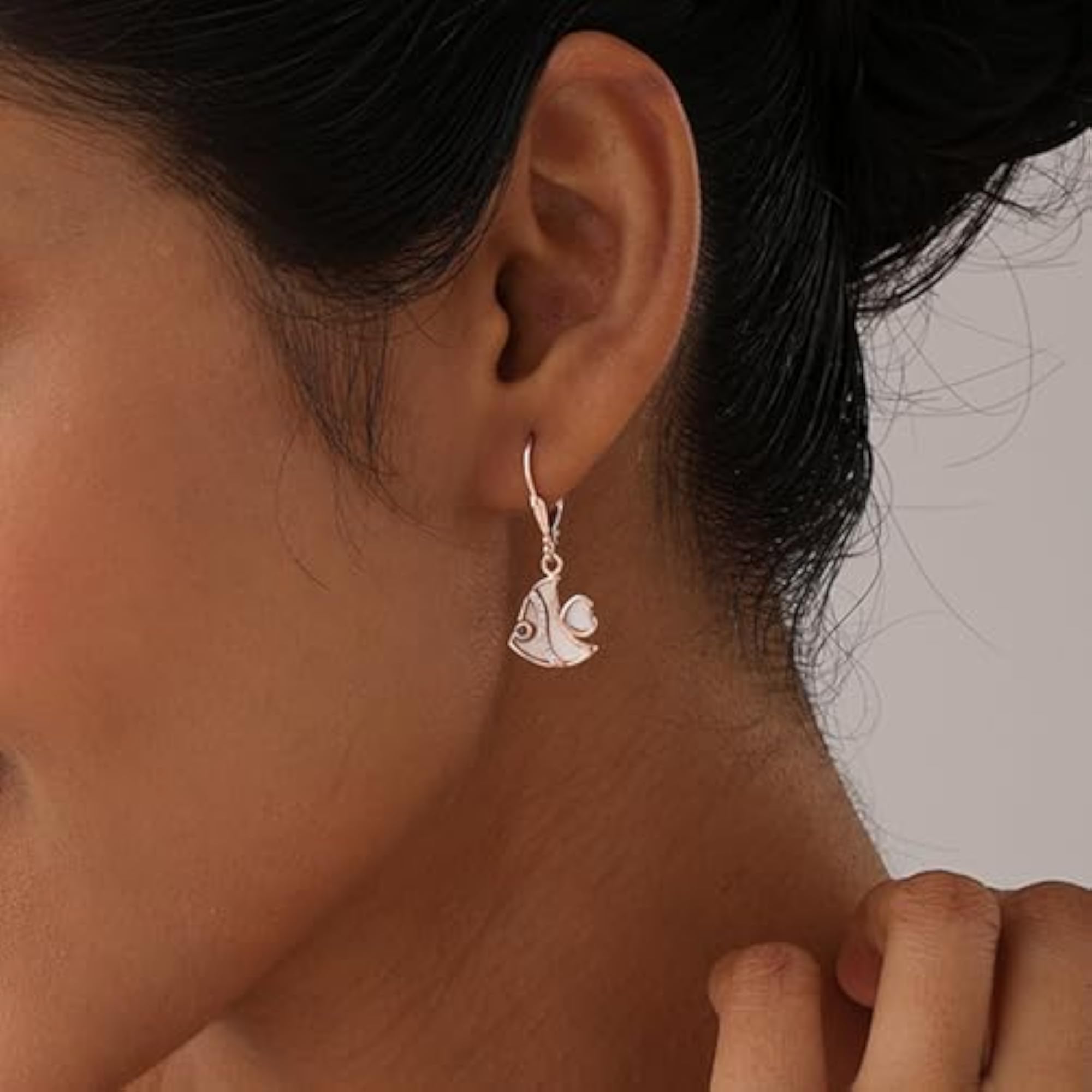 Women's 925 Sterling Silver Rose Gold Plated CZ Fish Shape Leverback Earrings