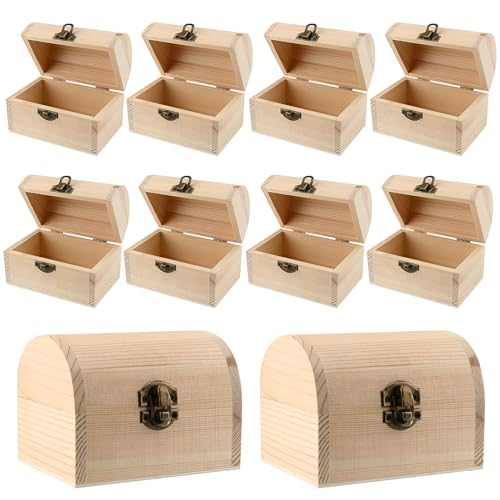 MUKLEI 10 Pack Unfinished Wood Box Wood Treasure Chest with Hinged Lid Small Treasure Box for DIY Crafts Art Hobbies Projects Jewelry Gift Storage, 4.7 x 3.5 x 3.1 Inch
