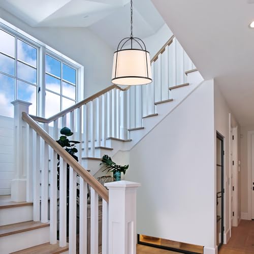 VANZARLA Rustic Modern Chandelier for Entryway, Dining Room Chandelier with Off-White Fabric Shade, Black Pendant Light Fixture for Bedroom Kitchen Farmhouse by VANZARLA - Used condition - Image 6