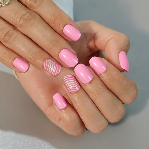 Image of CurvLife Soft Gel Press On Nails Extra Short - 30pcs Full Cover False Pink Ripple Nail Tips Designs, Fake Nail with Nail Glue - Easy Application Nail Accessories for Women