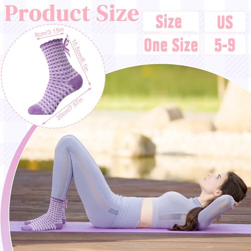 Image of 4 Pairs Women Cute Pilates Socks Non Slip Ruffle Yoga Socks with Bow for Women Dance Gym Exercise Bow Purple, Gray, Yellow, Green