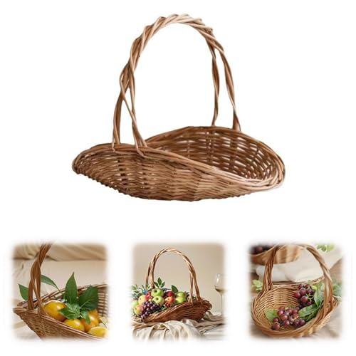 Panier de pique-nique en osier avec poignée – Panier ovale rustique en rotin naturel pour ramasser des légumes, portable, tissé, multi-usage pour le rangement, les pique-niques, Pâques (beige-S)