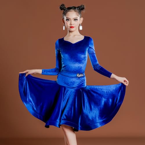 CRETUAO Vestido latino de veludo, manga comprida, gola de amor, performance de palco, competição, ro