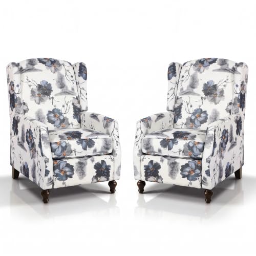 GUEAPY Set of 2 Wingback Recliner Chairs, Mid-Century Modern Push-Back Manual Recliners for Adults, Upholstered Floral Accent Chairs with Solid Wood Legs for Living Room & Bedroom, Blue