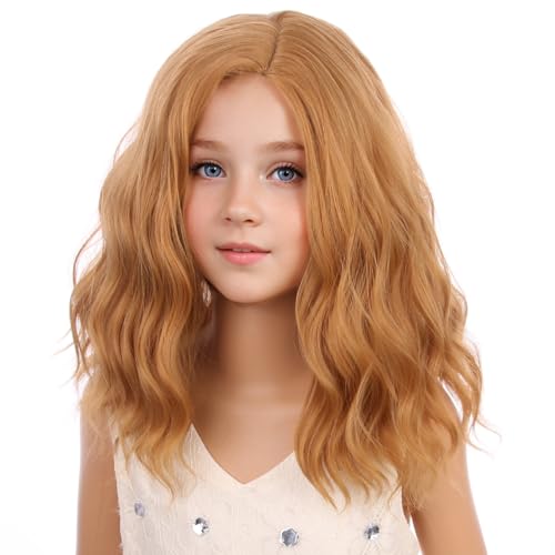 Image of PATTNIUM Strawberry Blonde Wig for Kids Child Short Curly Wavy Blonde Brown Wig Girl Side Part Shoulder Length Hair Synhhetic Wig