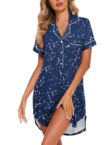 Image of Ekouaer Women's Nightgown Button Down Nightshirt V Neck Sleepshirt Short Sleeve Sleepwear Soft Pajama Dress
