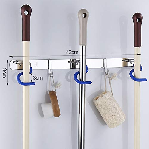 Exttlliy 304 Stainless Steel Broom Holder Organizer Multifunctional S-Style Wall Mount Mop Storage Hanger Racks (3 Positions Hooks)