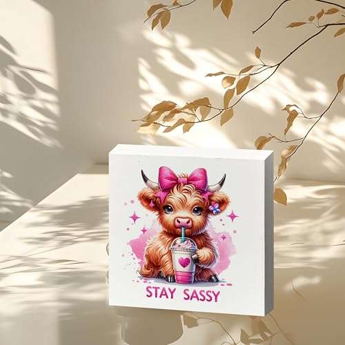 XUNLURY Coquette Pink Bow Highland Cow Wooden Box Sign, Highland Cow Gifts for Women, Stay Sassy Trendy Coffee Heifer Wood Block Sign for Home Office Desk Shelf Table Decor, 5x5 Inch — view 5