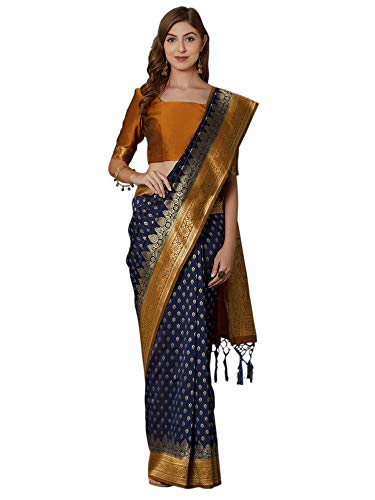 Image of AKHILAM Women's Silk Blend Woven Border Saree with Unstitched Blouse Piece