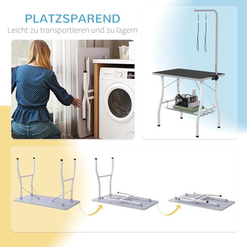 PawHut Hundepflegetisch, Trimmtisch für Hunde, klappbar Schertisch, Haustierpflegetisch mit Netzkorb, Schlingen, für Haartrocken, Haarschneiden, bis 40kg belastbar Schwarz+Weiß – Bild 5