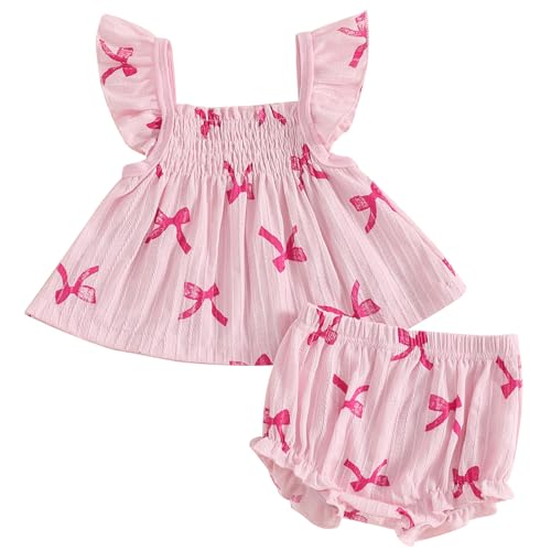Image of Mubineo Baby Girl Summer Clothes Cute Ruffle Tops Dress Shorts Outfits Set Infant Toddler Shrit Bloomers Princess Outfit