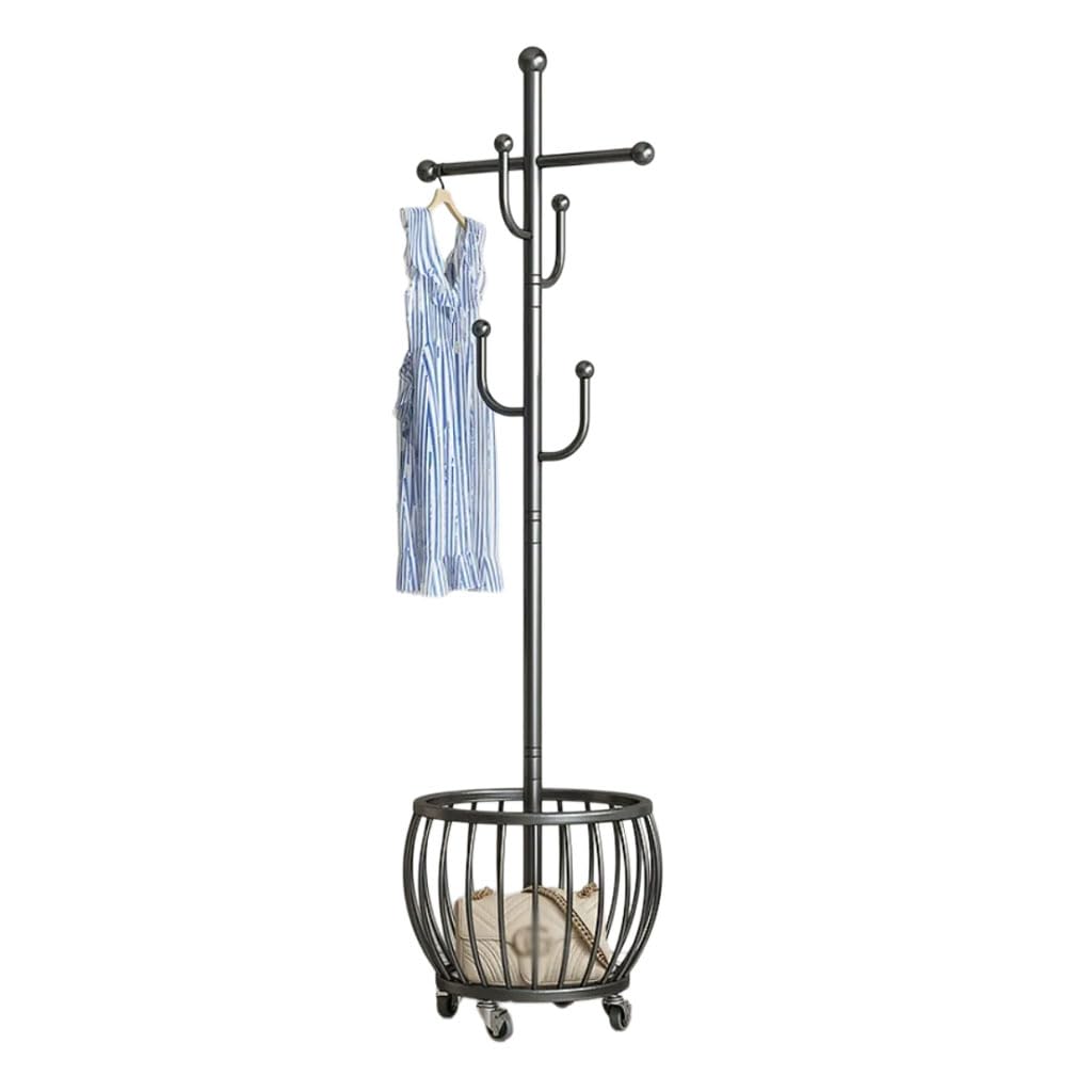 HRGKLMN Modern Coat Stand Freestanding Coat Rack Metal with Wheels And Storage Basket, Multifunctional Coat Hanger Stand for Jackets for Hallway Bedroom Entrance Area,Black