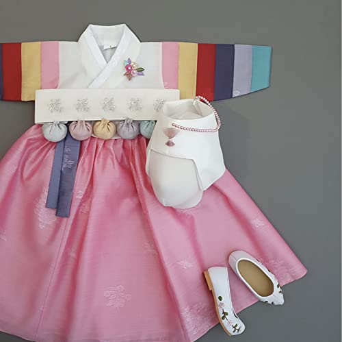 Korean Baby Girl Hanbok for 100days~10y/o Ivory Pink Floral Brooch Girl Baby Kids Hanbok Korean Traditional Dress3