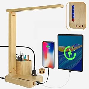 Wood LED Desk Lamp with 3 USB Charging Ports,1 AC Outlet,2 Pen Holders,3 Color Temperatures 3 Brightness Levels,Touch/Memory/Timer Function,10W Eye Protection Foldable Reading Light Lamp for Students