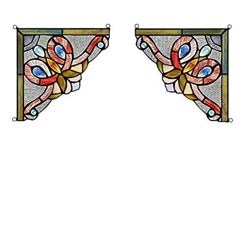 RADIANCE goods Victorian Tiffany-Glass Panel Window Corner 8" Wide, 2pcs Set