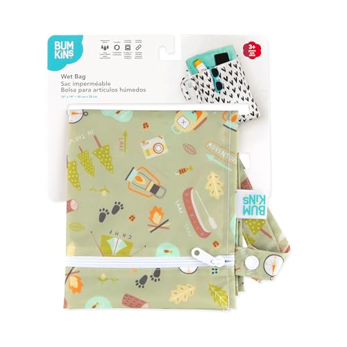 Bumkins Waterproof Wet Bag for Baby, Travel, Swim Suit, Cloth Diapers, Pump Parts, Pool, Beach, Gym Clothes, Toiletry, Hook to Stroller, Daycare, Zipper Reusable Wetdry Packing Pouch, Camp Gear Green - Thumbnail 6