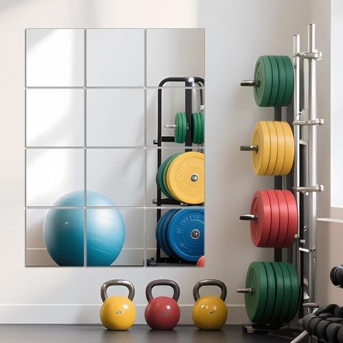 Image of Ruomeng Home Gym Mirror Tiles - 10 inch x 10 inch x 12Pcs Full Length Mirror Tiles Glass Frameless Wall Mirror for Home Gym, Bedroom, Door & Bathroom