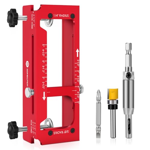 Door Hinge Jig Aluminum Alloy Door Hinge Template Kit for Router Adjustable Mortise Jig Fits Door Hinges from 2.5 to 5 Length 1/4 R 5/8 R Square Corner (Red One)