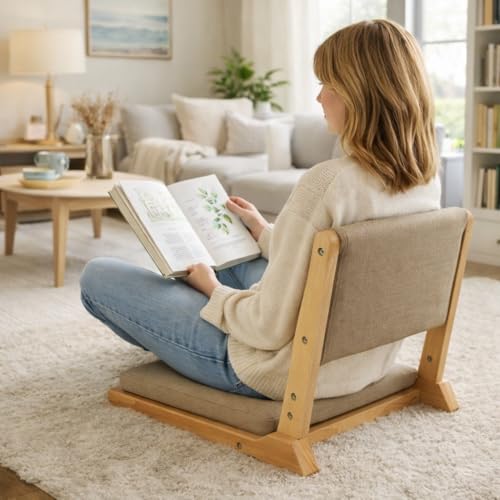 Image of HollyHOME Foldable Japanese Style Floor Chair with Back Support, Tatami Chair with Cushion, Meditation Seat for Bay Window, Living Room, Bedroom, Dark Grey