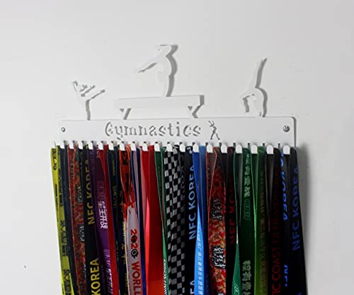 Gymnastics Medal Hanger and Lanyard Ribbon Display Medal Holder Rack - Metal Wall Mount Medal Hanger Floating Shelves - 20 Easy Hanging Hooks & Easy Install, Great Gift for Gymnasts (White) - Thumbnail 3