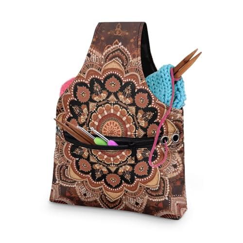 Image of ZUXONGSY Mandala Flower Crochet Yarn Bag for Women Retro Floral Knitting Tote Bag for on The Go Travel Portable Knitting Project HanbBag for Crochet Hooks