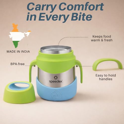 Image of Speedex Kids Insulated Food Jar 320ml Minty Fresh (Green), Stainless Steel Lunch Box with Handle & Spork, Leak Proof BPA-Free Double Wall Vacuum Tiffin, Hot & Cold Food Container