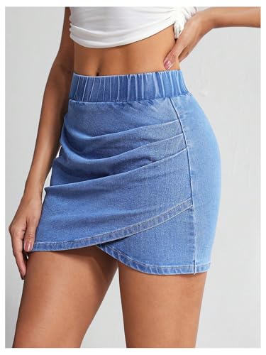 Milumia Women's Denim Skirt Bodycon Wrap Hem Elastic Waist Bodycon Ruched Short Mini Jean Skirts4