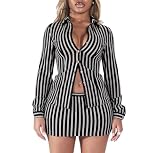 Women 2 Piece Outfits Striped Button Down Shirt Mini Skirt Sets Black L