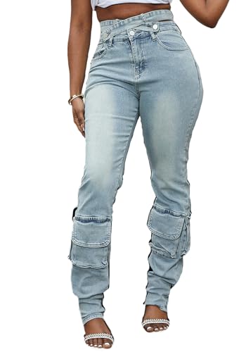 Tbahhir Denim Cargo Jeans for Women Skinny High Waisted Jean Criss Cross Stretchy Trousers Y2K Streetwear