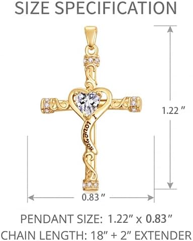 Birthstone Cross Necklace for Women, Heart Cross 14K Gold /18K White Gold /Rose Gold Womens Pendant Necklace I Love You Jewelry Anniversary Birthday Christmas Gifts for Her Mom Wife Girlfriend