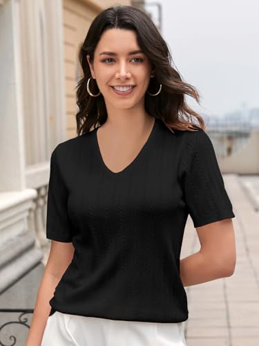 Image of DAIMIDY Women's Short Sleeve Sweaters Lightweight Summer Sweater Casual Knit Pullover Tops