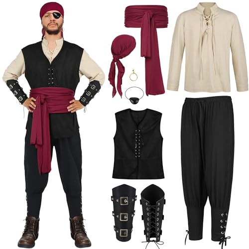AOTHSO 8 Pieces Men's Pirate Costume Set Halloween Renaissance Cosplay Outfit Medieval Shirt Pants Viking Vest Headscarf Belt