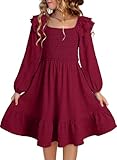 DOKOTOO KIDS Tween Dresses Girls Fall Long Sleeve Dress Teen Short Spring Elegant Casual Dress Square Neck Flow Vestidos para Niñas Back to School Red 12-13 Years