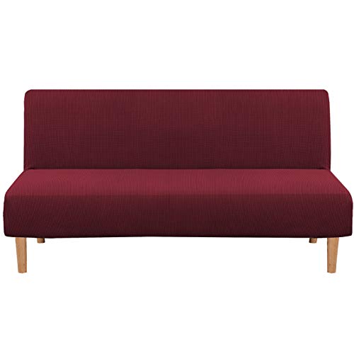 H.versailtex Armless Futon Cover Stretch Sofa Bed Slipcover Protector Elastic Feature Rich Textured High Spandex Small Checks Jacquard Fabric Futon Cover, Machine Washable, Burgundy Red #TOP24