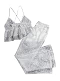 Verdusa Women's Sheer Lace Ruffle Hem Crop Cami Top and Pants Sleepwear Pajama Sets White Medium