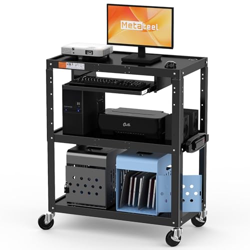 Image of Extra-Large 3-Tier Utility Cart with Built-in Power Strip - Heavy-Duty 14-Gauge Steel Rolling Cart for Office, Workshop, or Classroom - 300 Lb Capacity (34 inch x 18 inch x 41.75 inch)